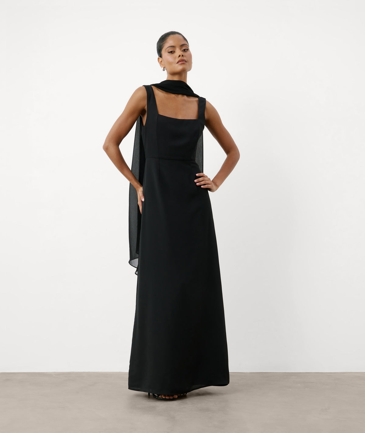 Square Neck Chiffon Bridesmaid Dress with Neck Scarf - Black