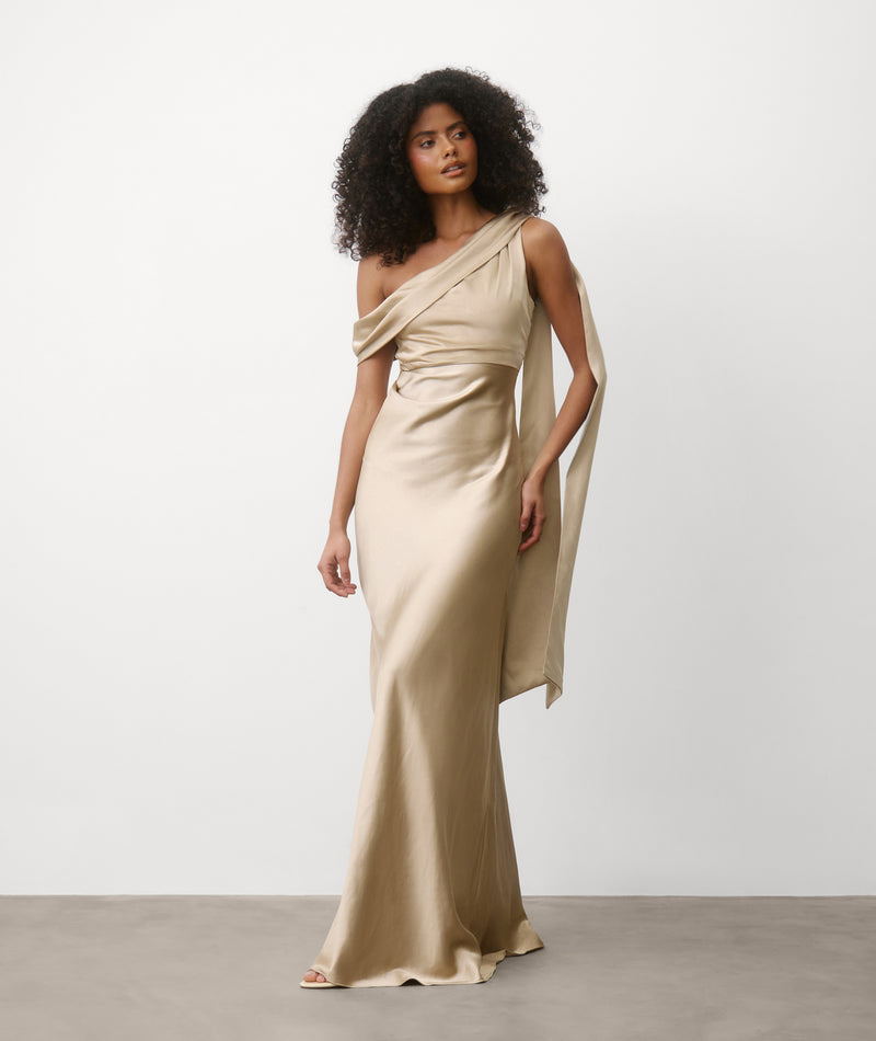One Shoulder Drape Satin Bridesmaid Dress - Champagne