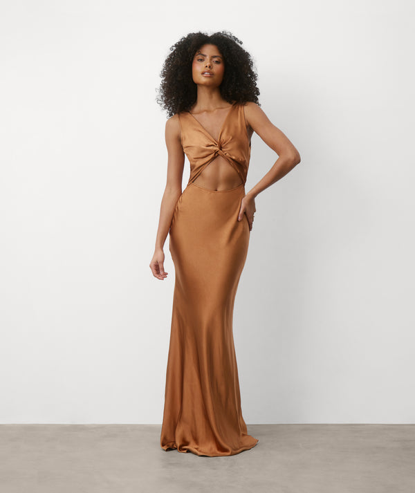 One Shoulder Satin Ruched Bridesmaid Dress - Rust