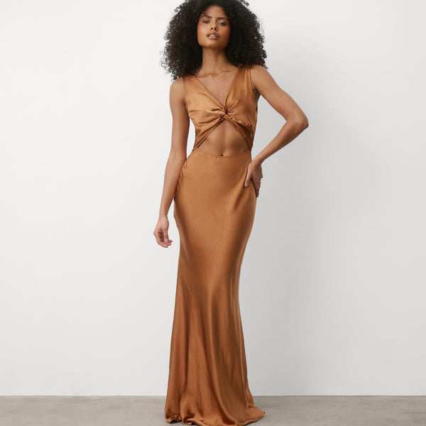 Twist Back Satin Bridesmaid Dress - Rust Six Stories Twist Back Satin Bridesmaid Dress - Rust Six Stories