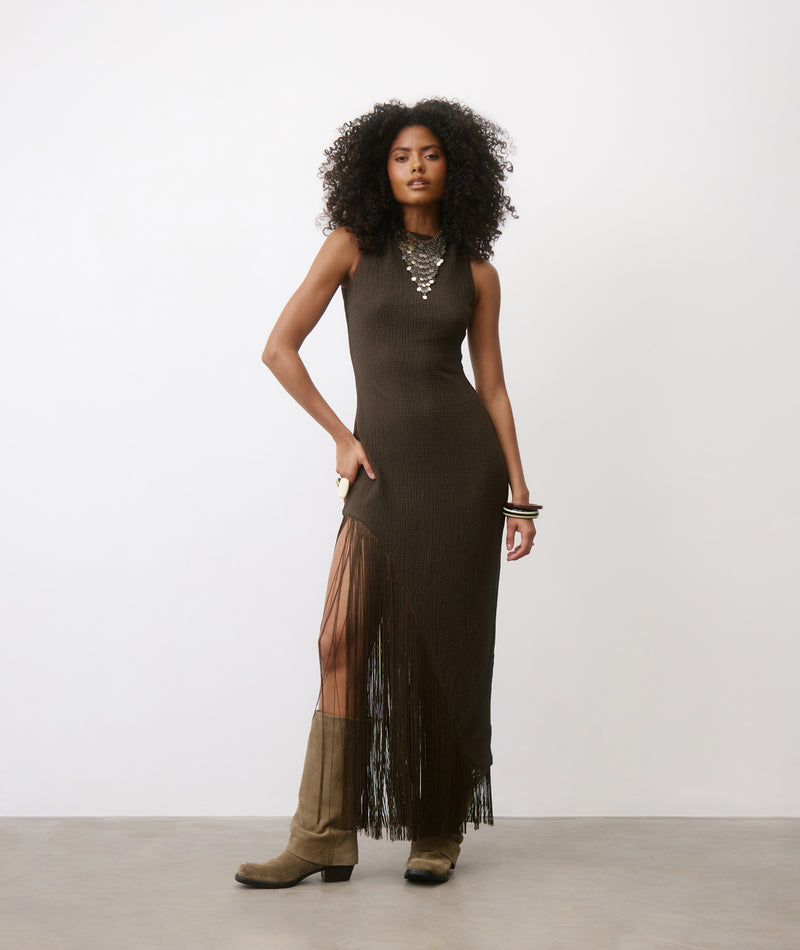 Fringe Asymmetrical Maxi Dress - Chocolate Six Stories Fringe Asymmetrical Maxi Dress - Chocolate Six Stories