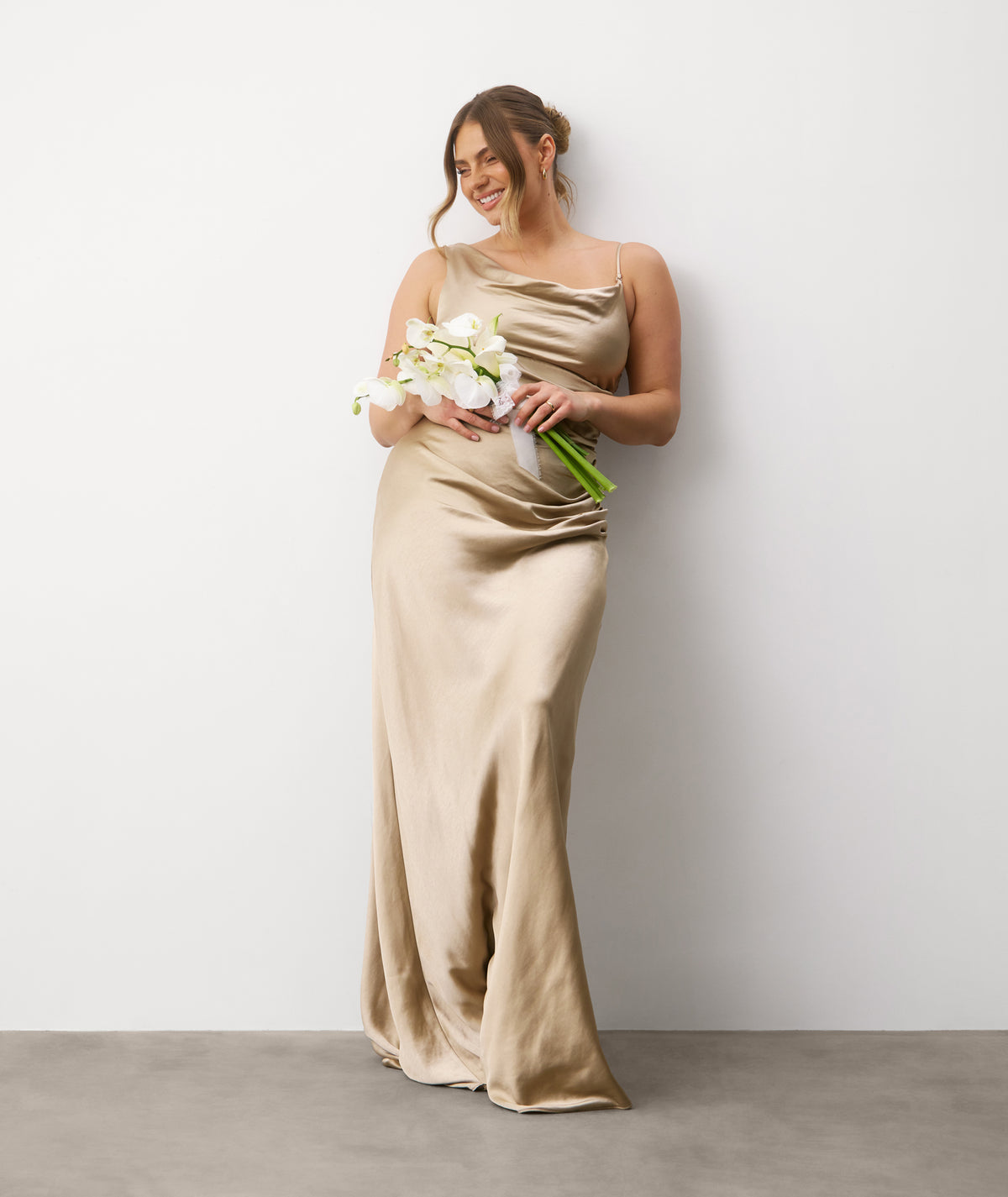 Cowl Asymmetrical Satin Bridesmaid Dress - Champagne