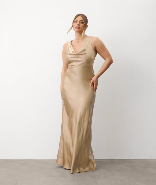 champagne satin bridesmaid dresses uk Cowl Back Dress - With belt detailing to