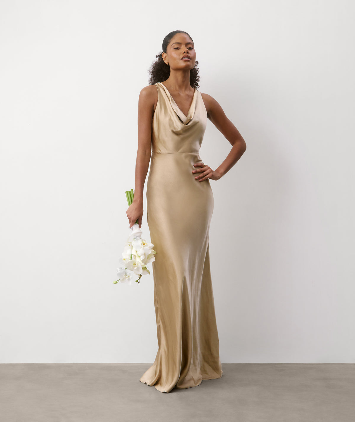 Cowl Front Satin Bridesmaid Dress - Champagne