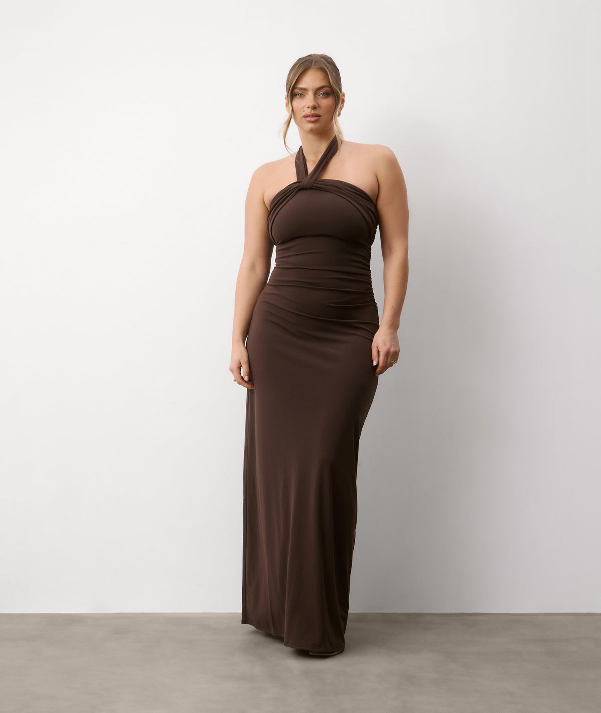 Halter Neck Stretch Sculpt Bridesmaid Dress - Chocolate