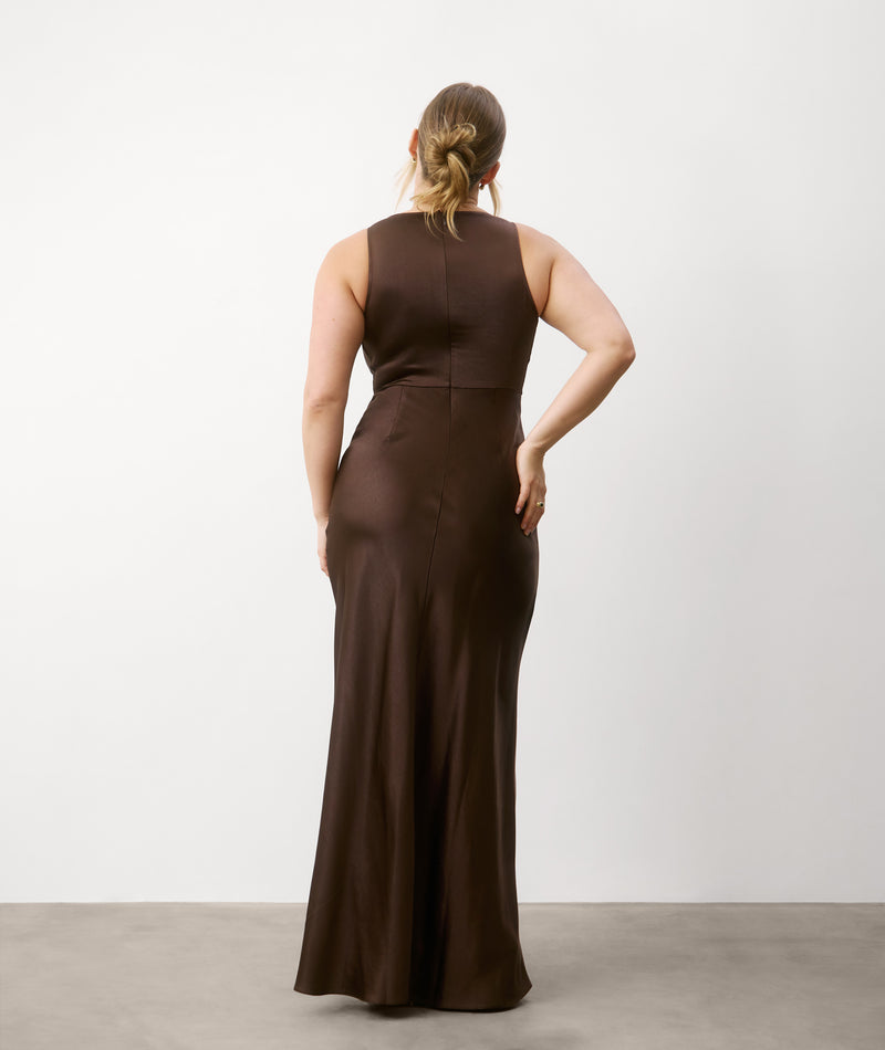 six stories brown dress Six Stories Bridesmaid ruched drape satin maxi dress in chocolate brown