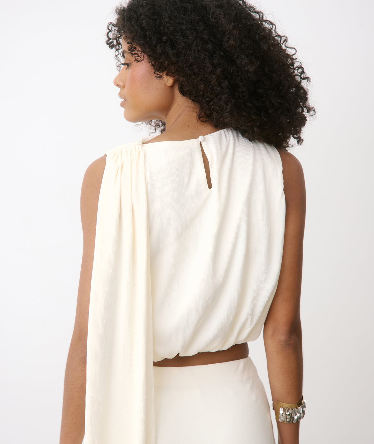 Satin Drape Detail High Neck Top - Cream