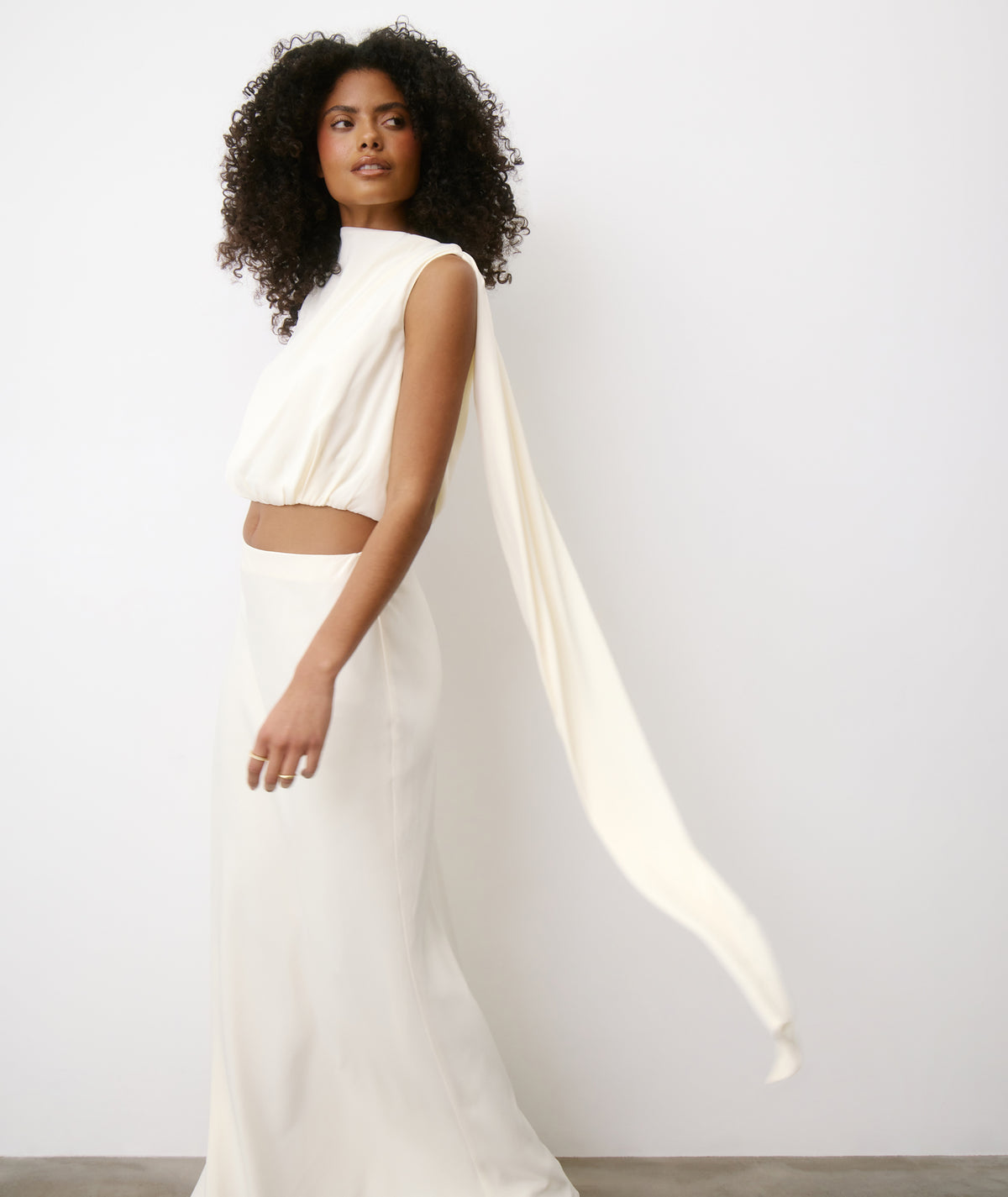 Satin Drape Detail High Neck Top - Cream