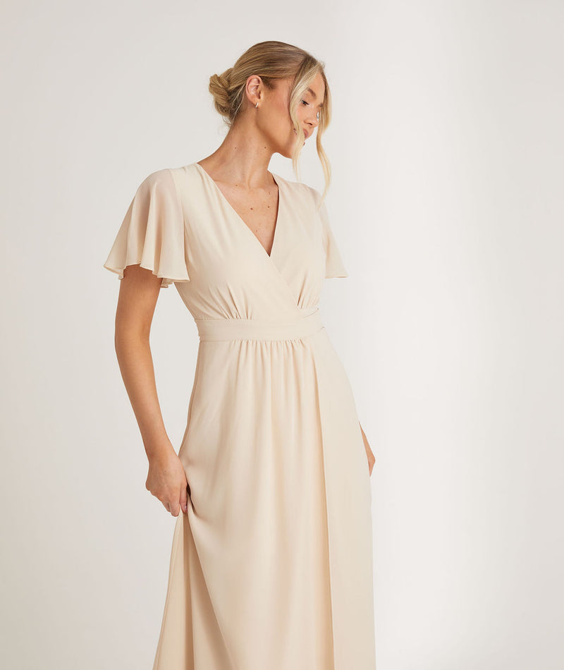 Flutter Sleeve Wrap Tie Chiffon Bridesmaid Dress - Vintage Cream