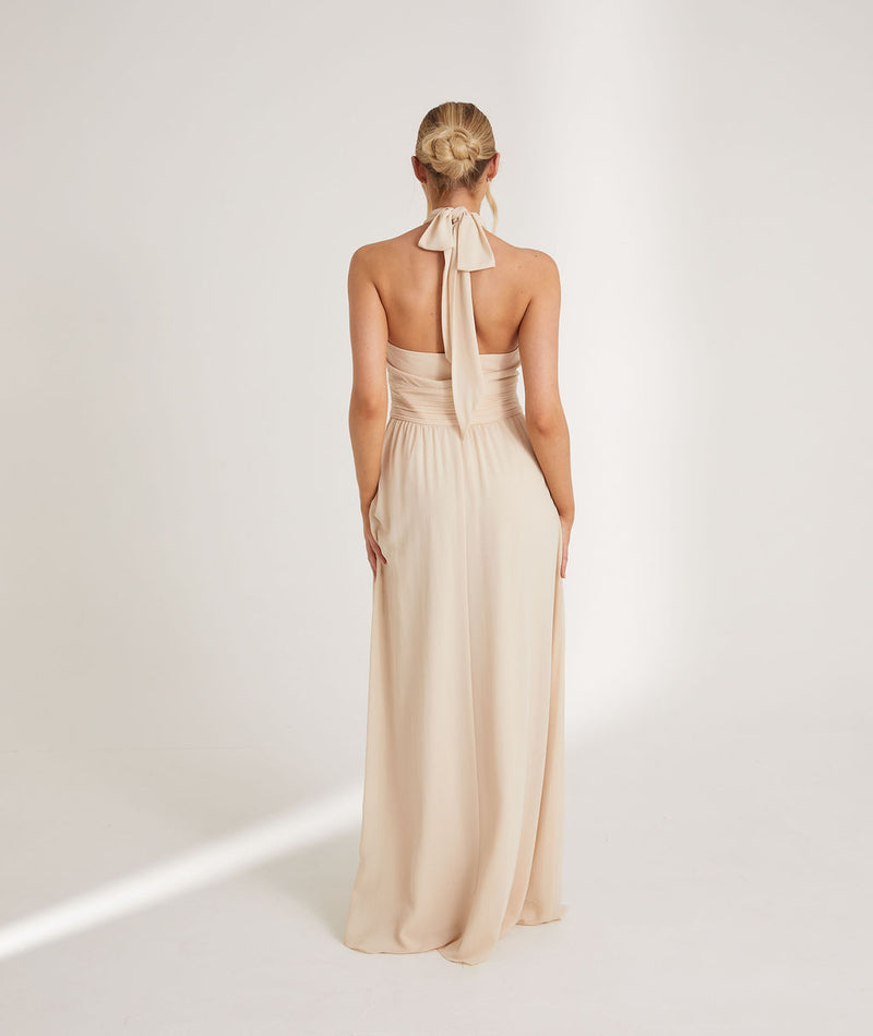 Halter Neck Pleated Waist Chiffon Bridesmaid Dress - Vintage Cream