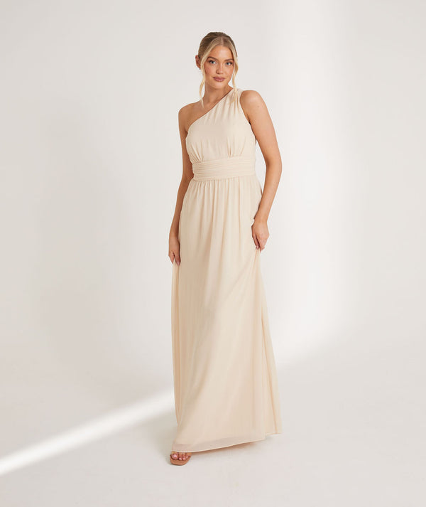 One Shoulder Pleated Chiffon Bridesmaid Dress - Vintage Cream