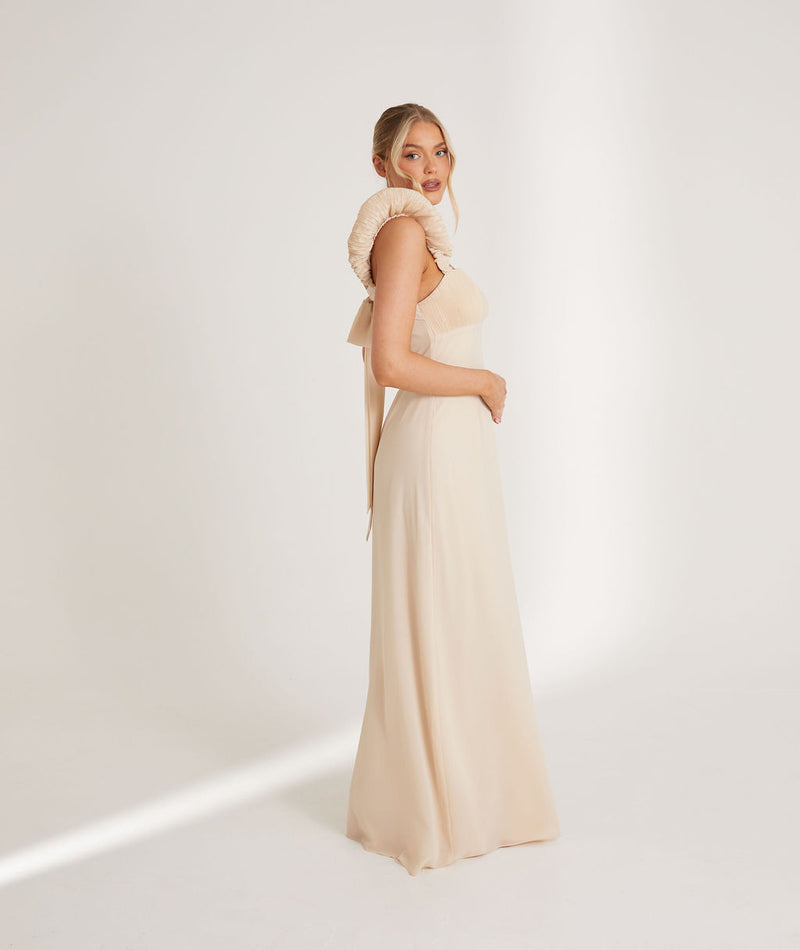 Pleated Statement Shoulder Tie Back Chiffon Bridesmaid Dress - Vintage Cream