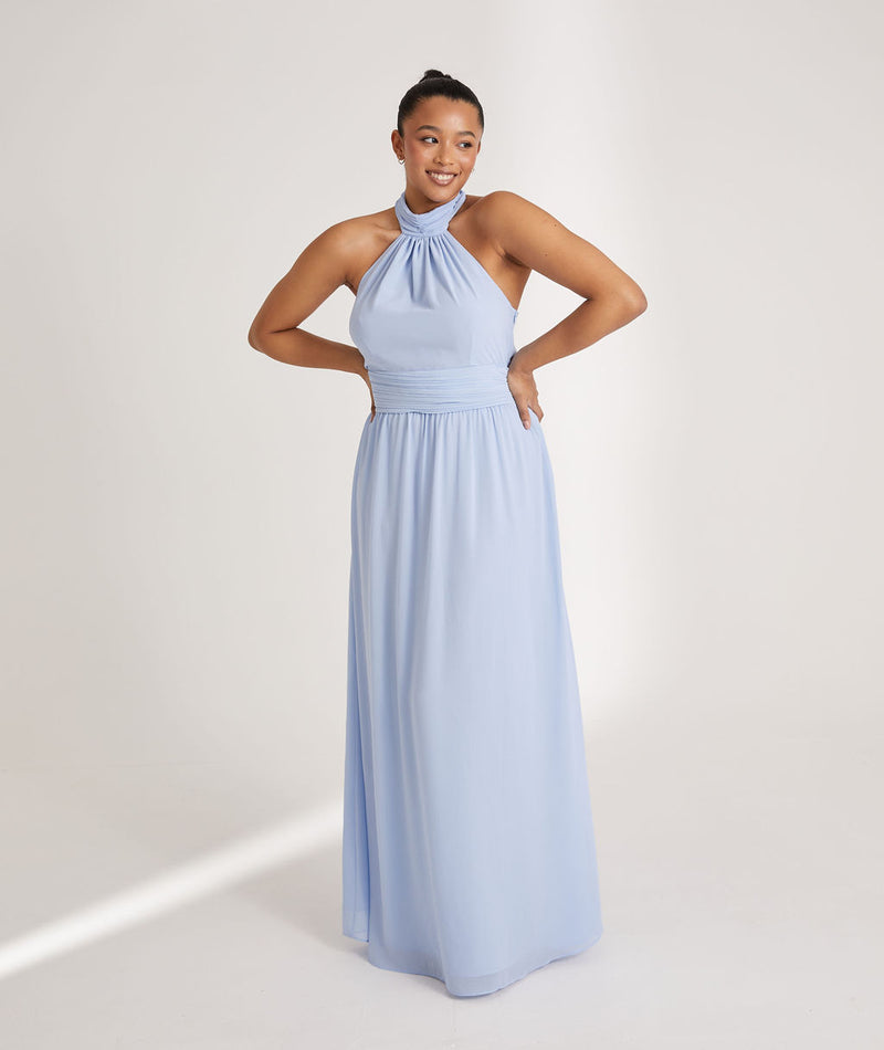 Halter Neck Pleated Waist Chiffon Bridesmaid Dress - Cornflower Blue