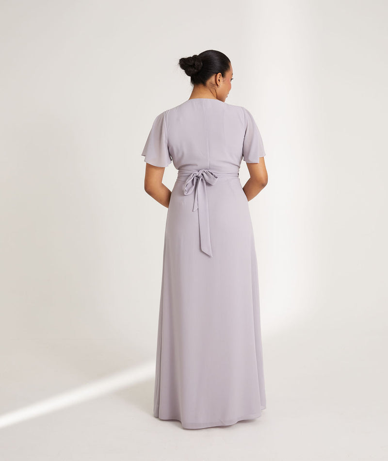 Flutter Sleeve Wrap Tie Chiffon Bridesmaid Dress - Lilac