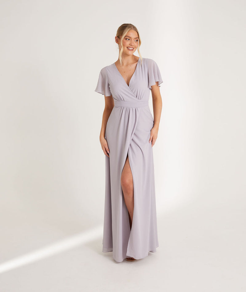 Flutter Sleeve Wrap Tie Chiffon Bridesmaid Dress - Lilac