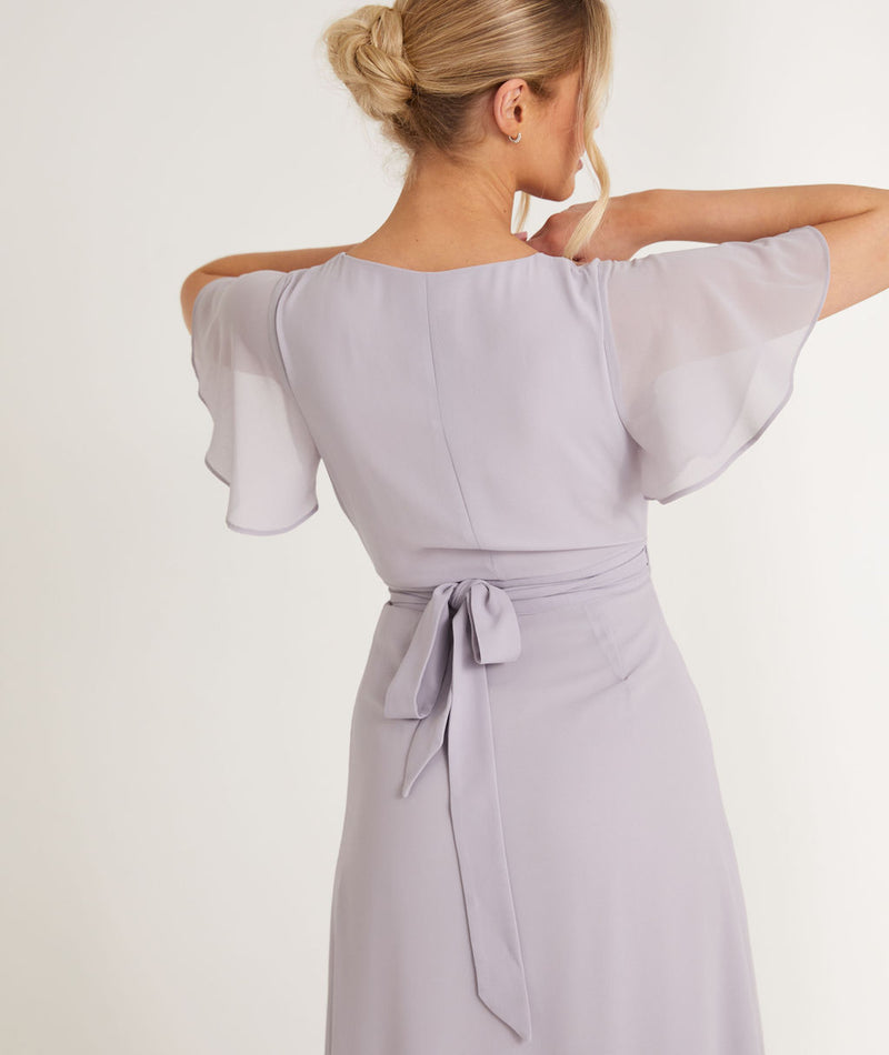 Flutter Sleeve Wrap Tie Chiffon Bridesmaid Dress - Lilac