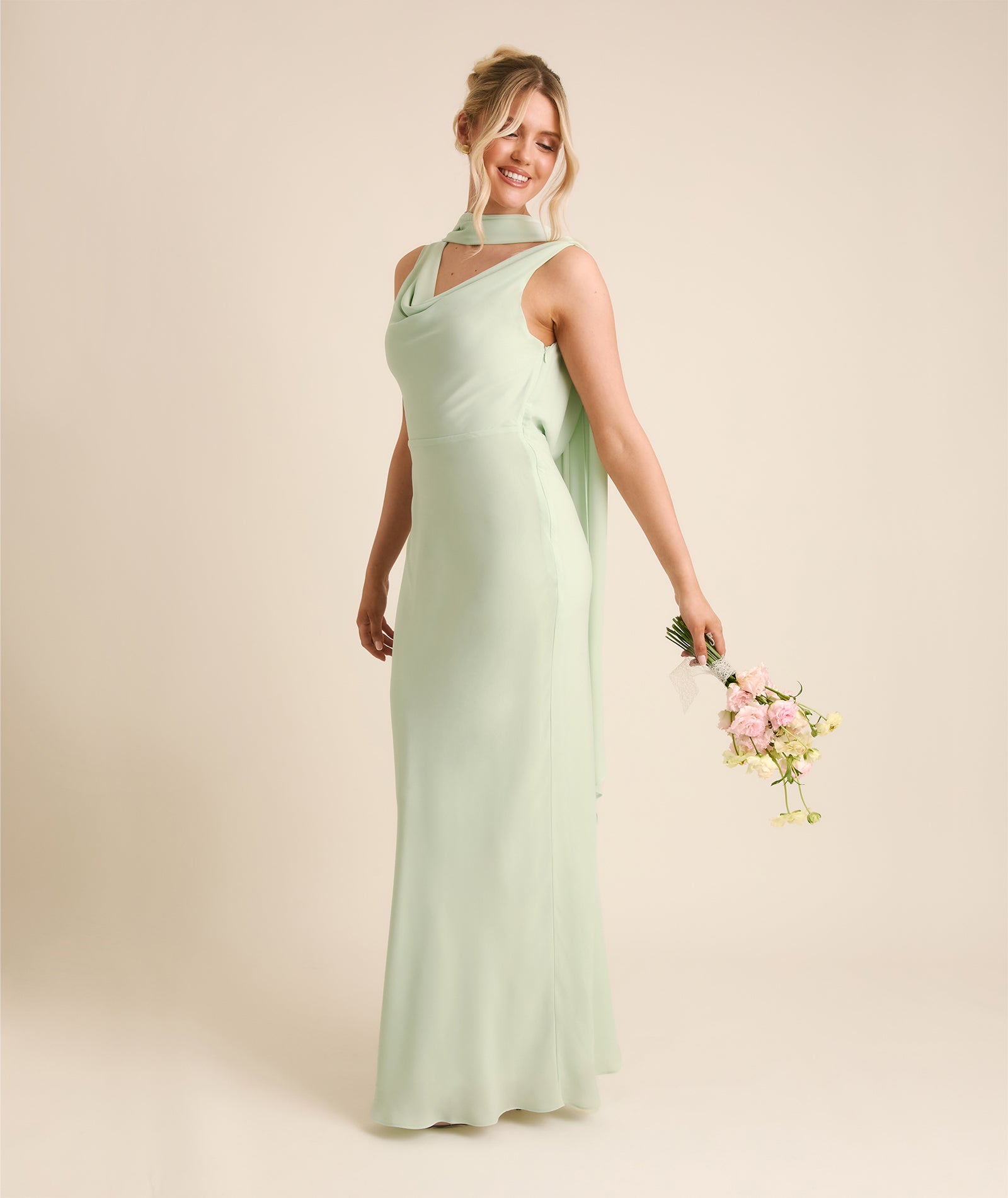 Plunge Cowl Chiffon Bridesmaid Dress with Neck Scarf