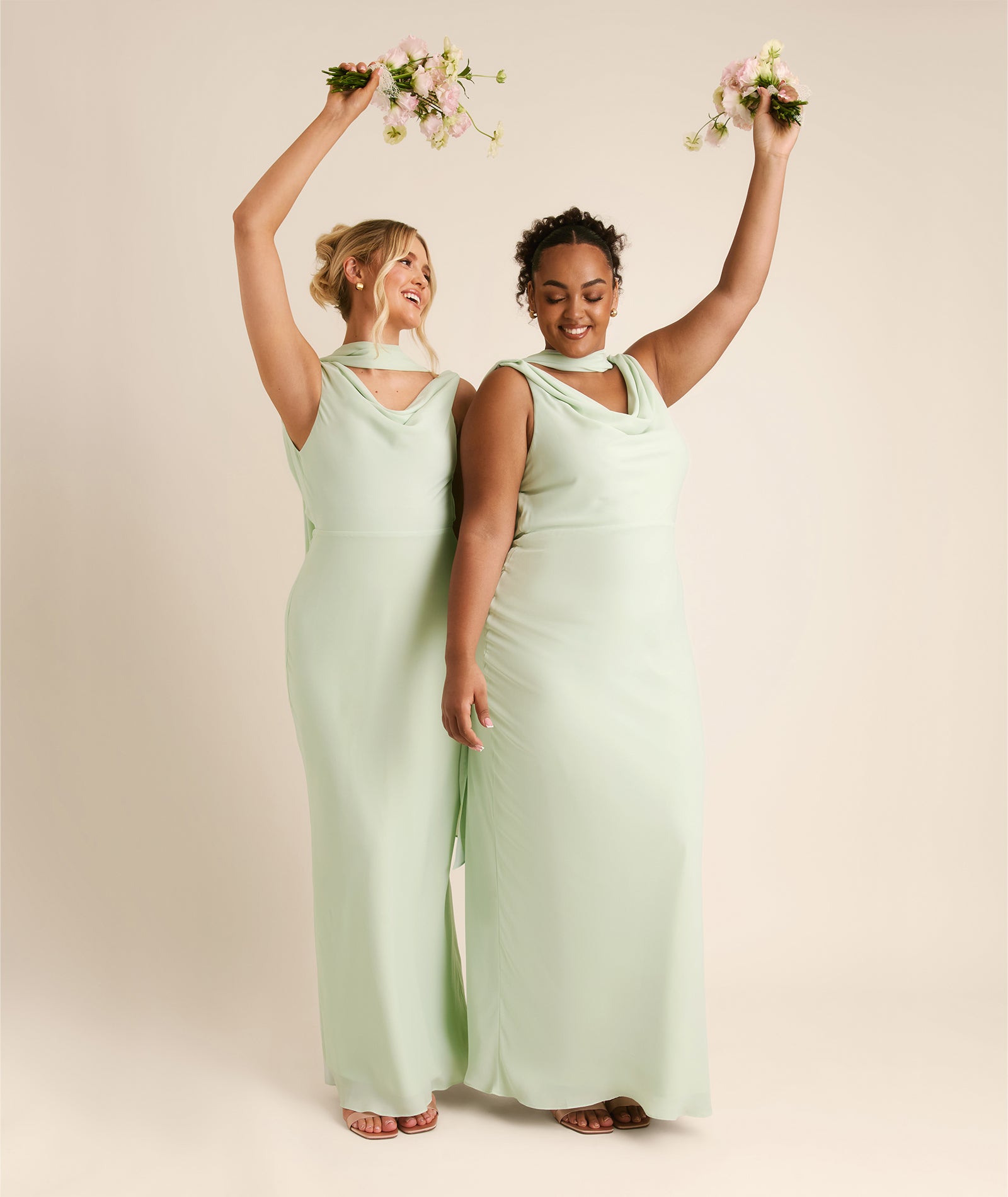 Plunge Cowl Chiffon Bridesmaid Dress with Neck Scarf