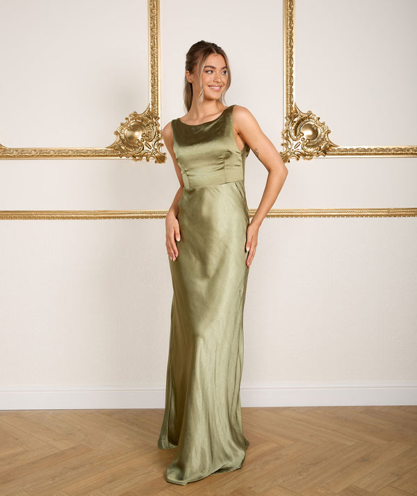 Cowl Back Satin Bridesmaid Dress - Moss Green