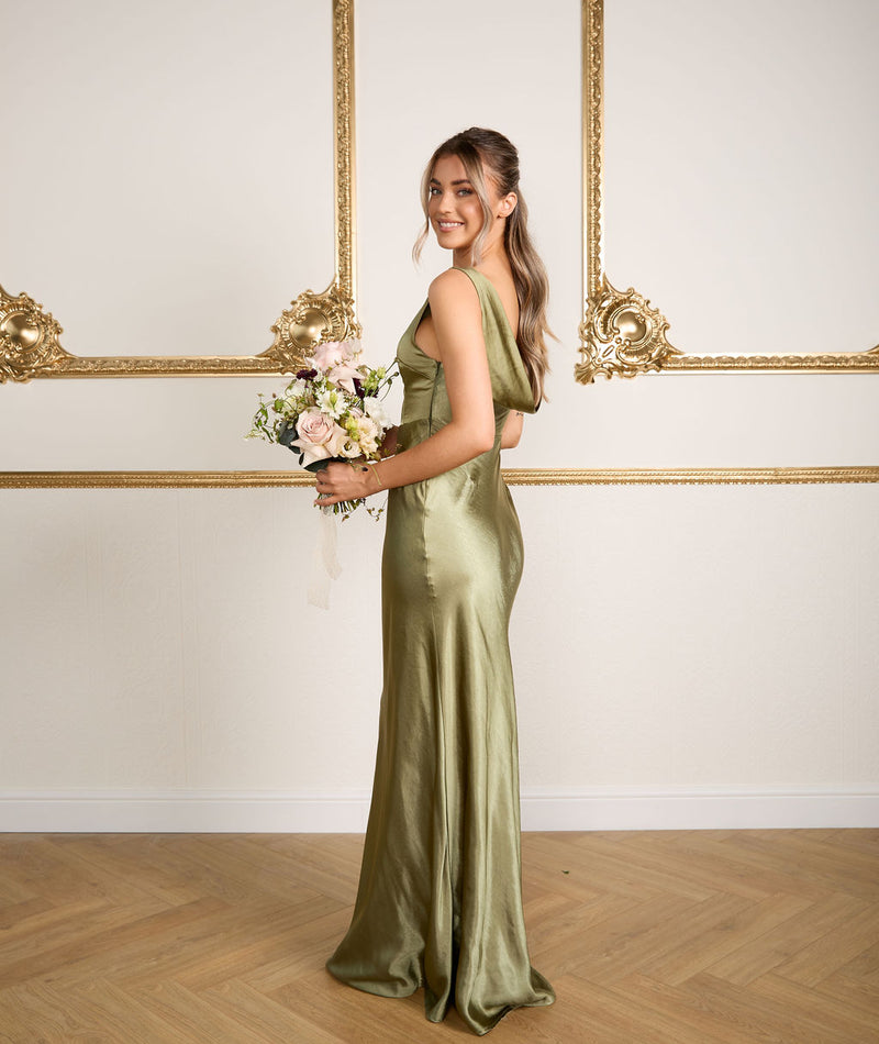 Cowl Back Satin Bridesmaid Dress - Moss Green Cowl Back Satin Bridesmaid Dress - Moss Green