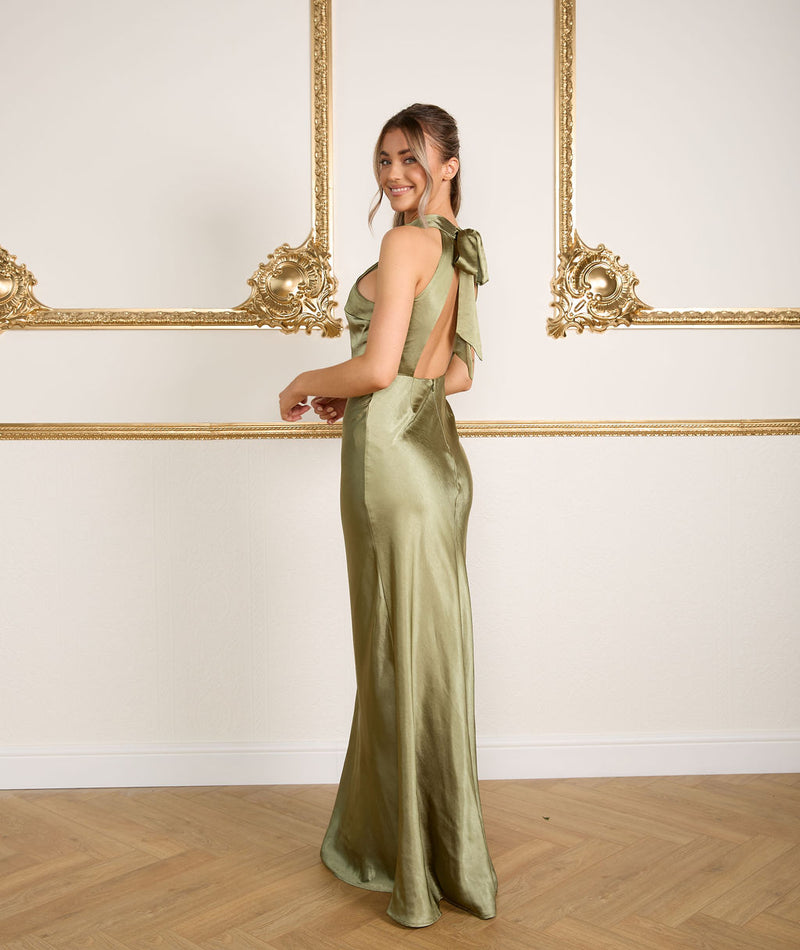 Halter Neck Satin Bridesmaid Dress - Moss Green