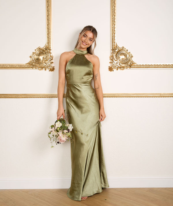 Halter Neck Satin Bridesmaid Dress - Moss Green