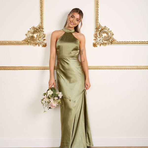 Halter Neck Satin Bridesmaid Dress - Moss Green | Occasion Dress Six Stories Halter Neck Satin Bridesmaid Dress - Moss Green | Occasion Dress Six Stories