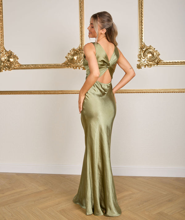 Twist Back Satin Bridesmaid Dress - Moss Green
