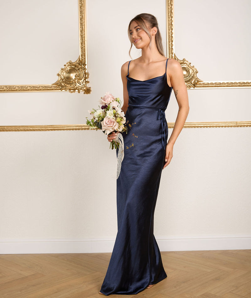 Cami Cowl Front Satin Bridesmaid Dress - Navy