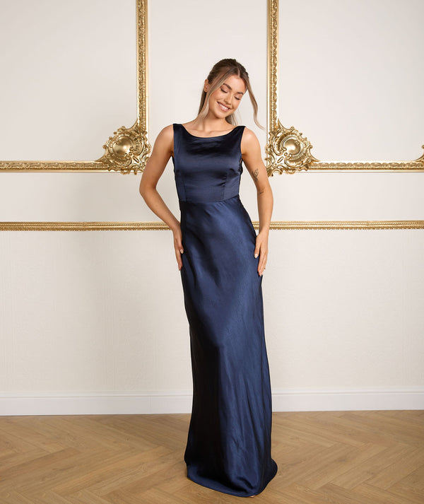 Cowl Back Satin Bridesmaid Dress - Navy