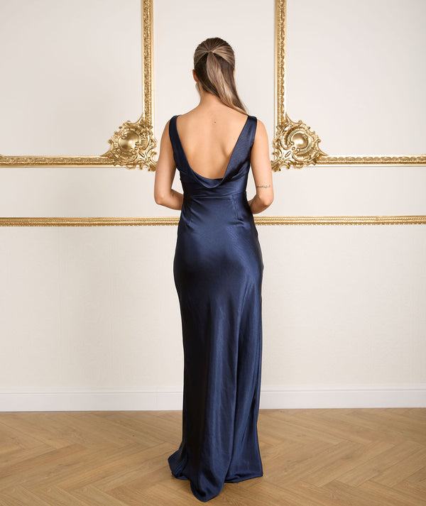 Cowl Back Satin Bridesmaid Dress - Navy