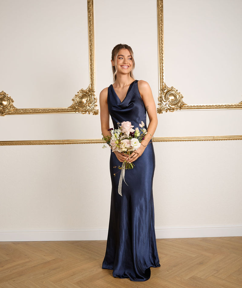 Cowl Front Satin Bridesmaid Dress - Navy