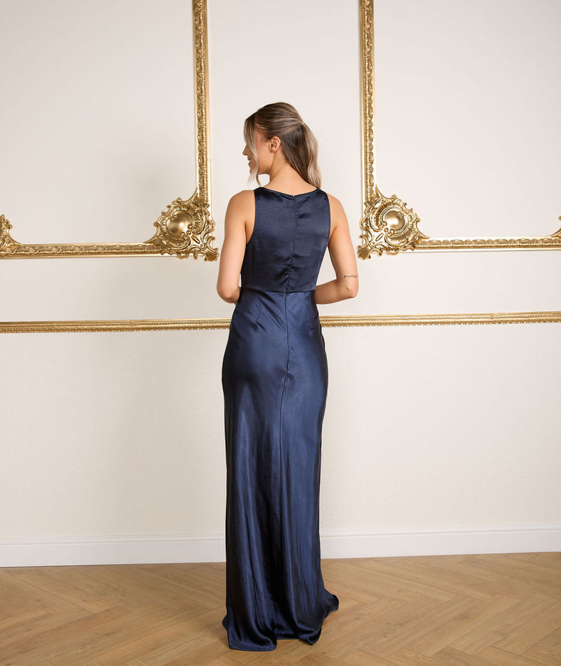 Cowl Front Satin Bridesmaid Dress - Navy