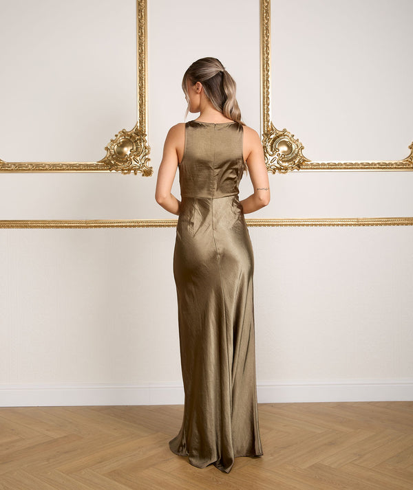 Cowl Front Satin Bridesmaid Dress - Dark Olive