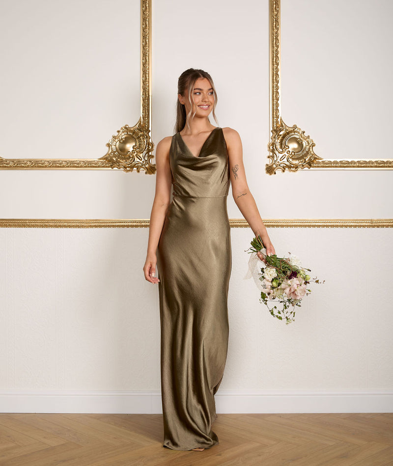 Cowl Front Satin Bridesmaid Dress - Dark Olive