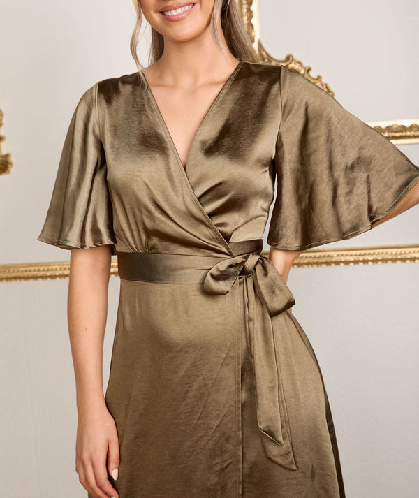 Wrap Tie Satin Bridesmaid Dress - Dark Olive
