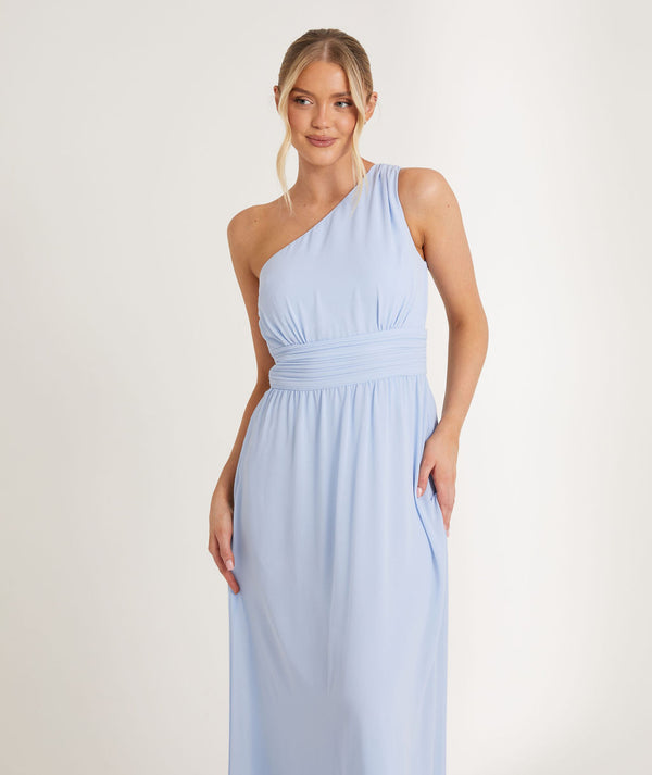 One Shoulder Pleated Chiffon Bridesmaid Dress - Cornflower Blue