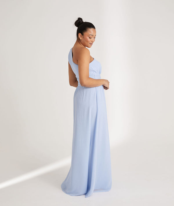 One Shoulder Pleated Chiffon Bridesmaid Dress - Cornflower Blue