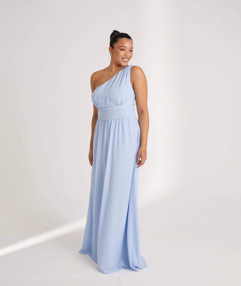 One Shoulder Pleated Chiffon Bridesmaid Dress - Cornflower Blue