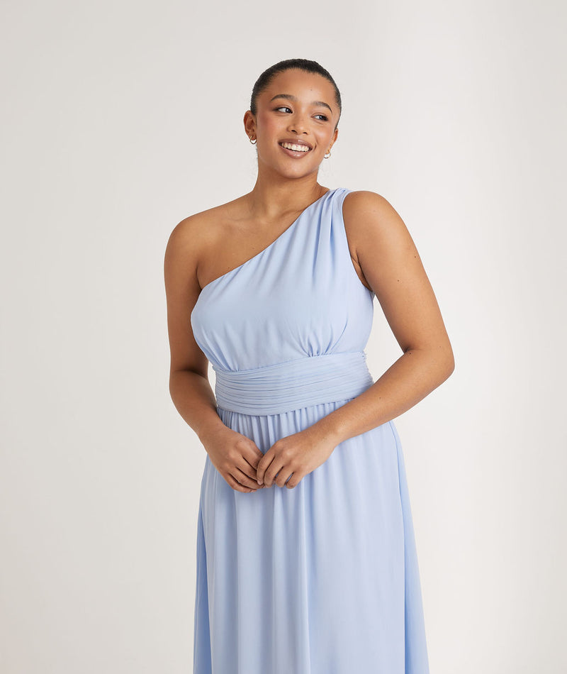 One Shoulder Pleated Chiffon Bridesmaid Dress - Cornflower Blue