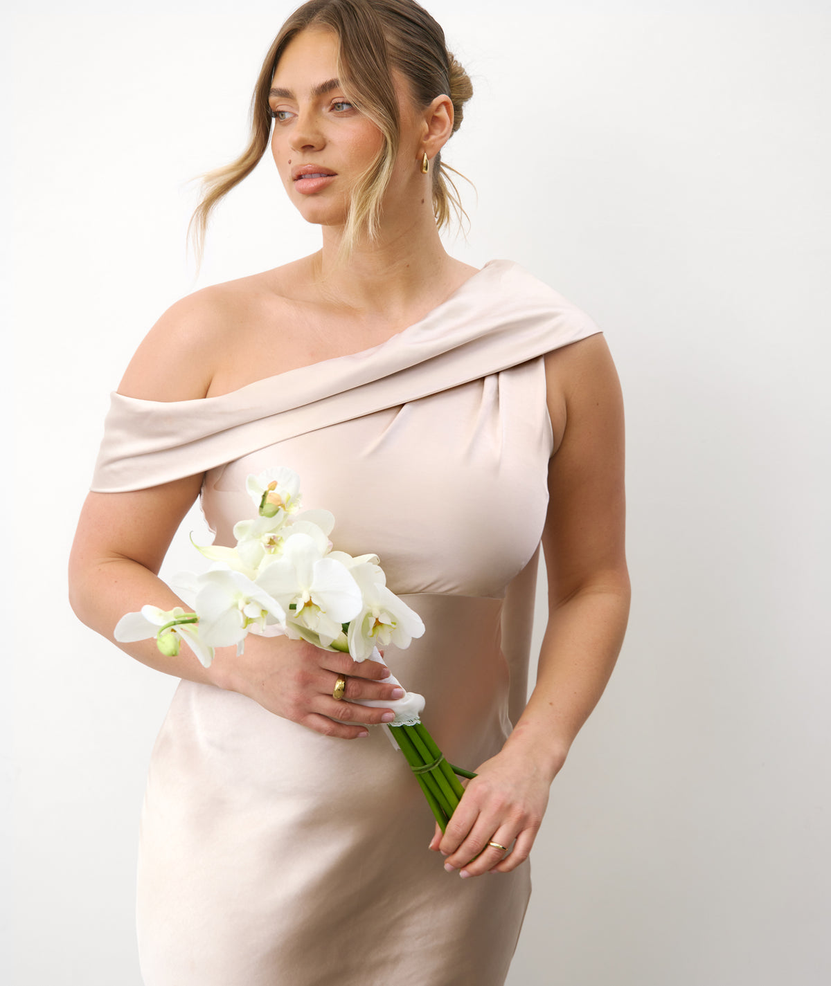 One Shoulder Drape Satin Bridesmaid Dress - Oyster