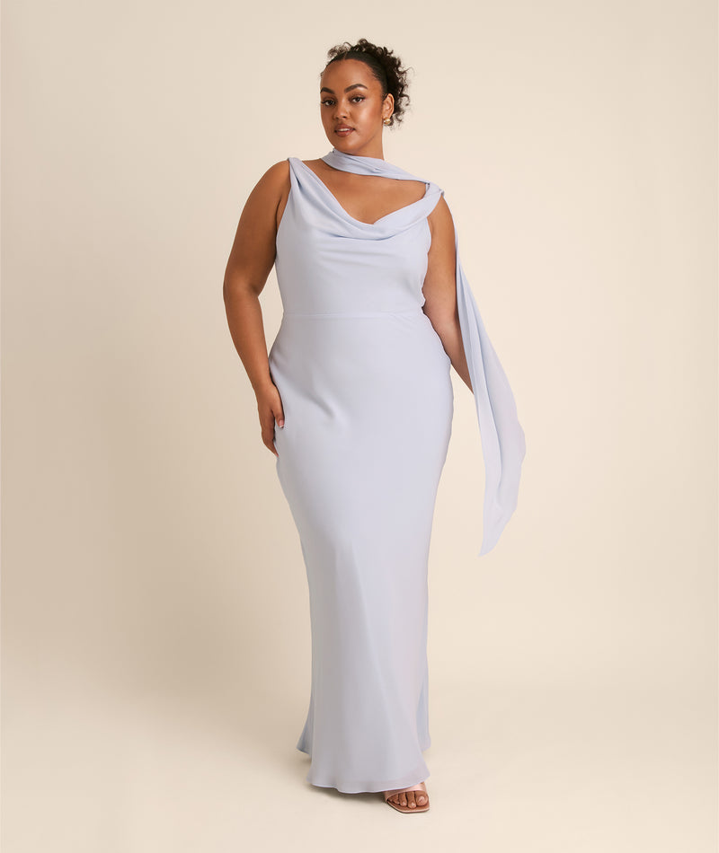 Plunge Cowl Chiffon Bridesmaid Dress with Neck Scarf - Powder Blue