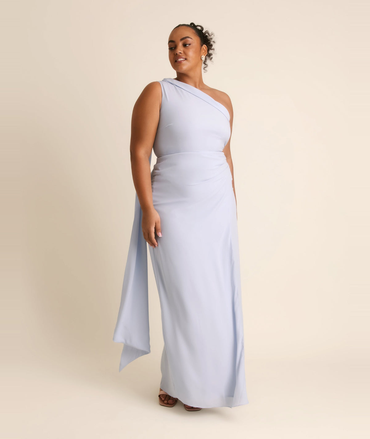 One Shoulder Neck Tie Chiffon Bridesmaid Dress - Powder Blue