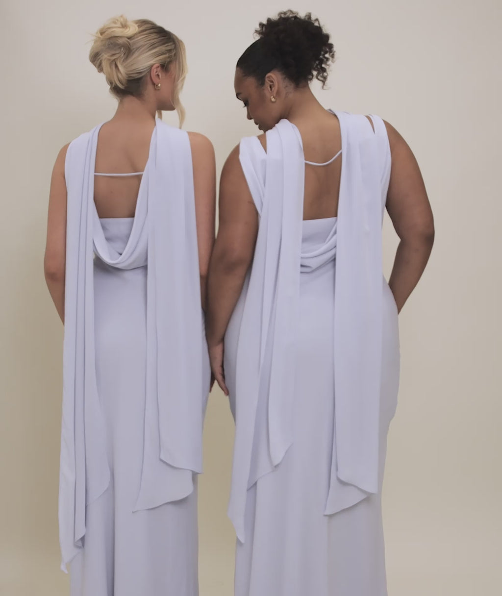 Plunge Cowl Chiffon Bridesmaid Dress with Neck Scarf - Powder Blue