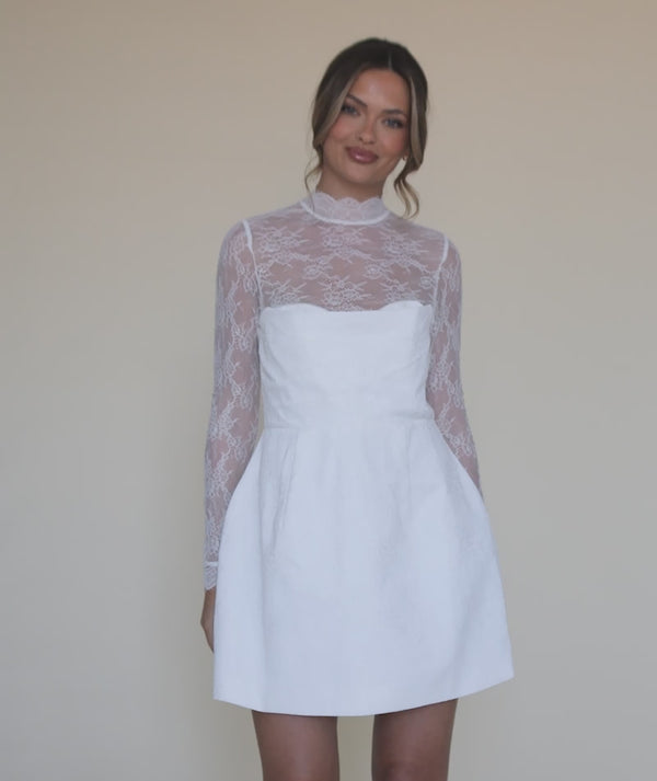 Lace Sleeve Cup Detail Mini Dress - White