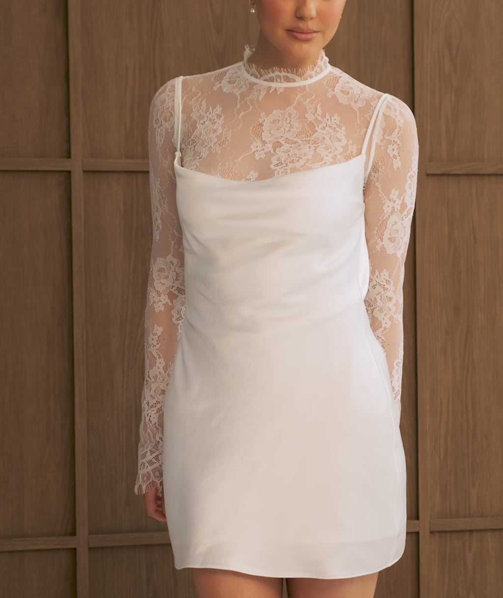 Lace Sleeve Cowl Satin Mini Dress - White