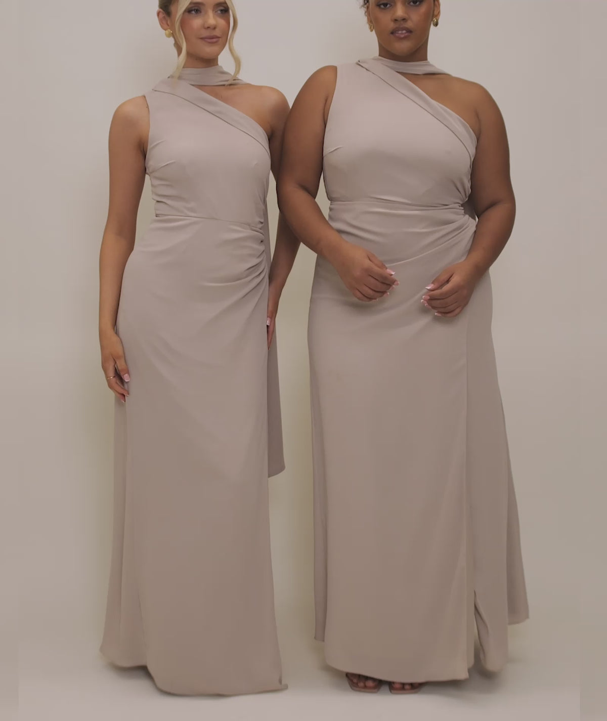 One Shoulder Neck Tie Chiffon Bridesmaid Dress - Taupe