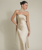 Bandeau Satin Bridesmaid Dress with Chiffon Neck Scarf - Champagne