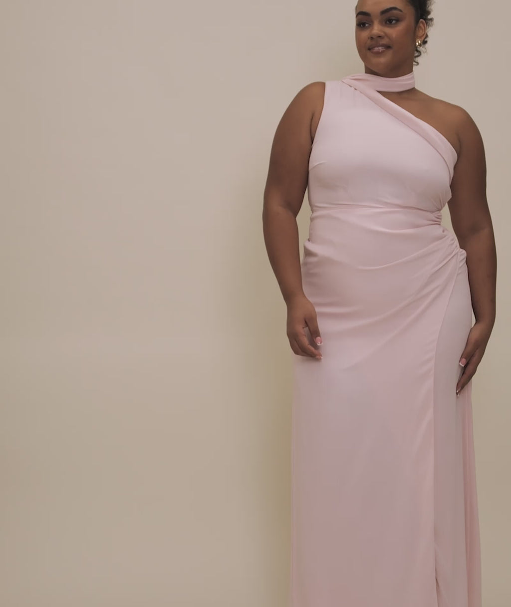 One Shoulder Neck Tie Chiffon Bridesmaid Dress - Blush Pink