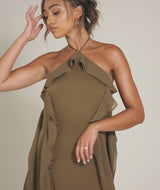 Ruffle Halter Neck Maxi Dress - Olive